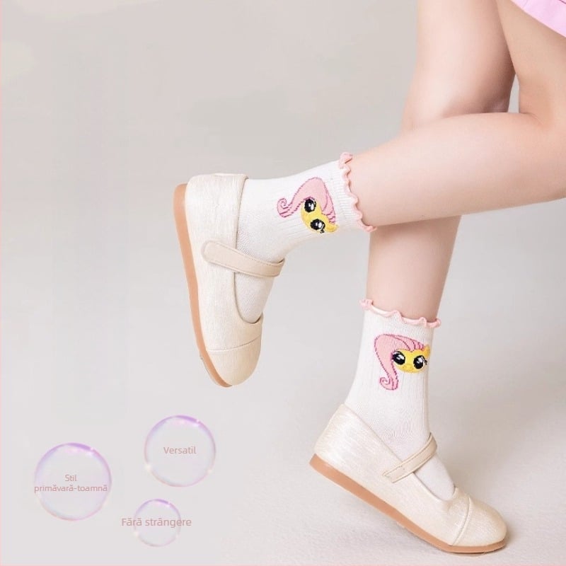 Șosete pentru fete, șosete de primăvară și toamnă, șosete pentru copii, șosete de dantelă prințesă, cu desene animate cu ponei curcubeu, toate potrivirile pentru femei