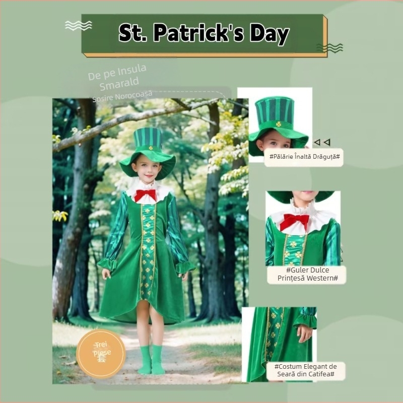 Costum de rol pentru copii, stil etnic irlandez, băiat și fată, dedicat Zilei Sfântului Patrick