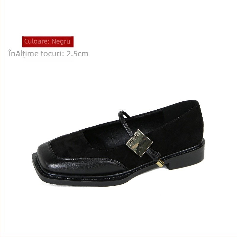 Pantofi de damă cu vârful pătrat, stil chinezesc, cu un singur strat, toamna și toamna, pantofi francezi negri Mary Jane din piele, mărimea 41-43