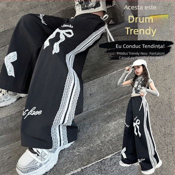 Fete primăvară și toamnă pantaloni largi cu picior 2025 nou la modă stil coreean la modă pantaloni casual largi de dans stradal pentru copii mai mari