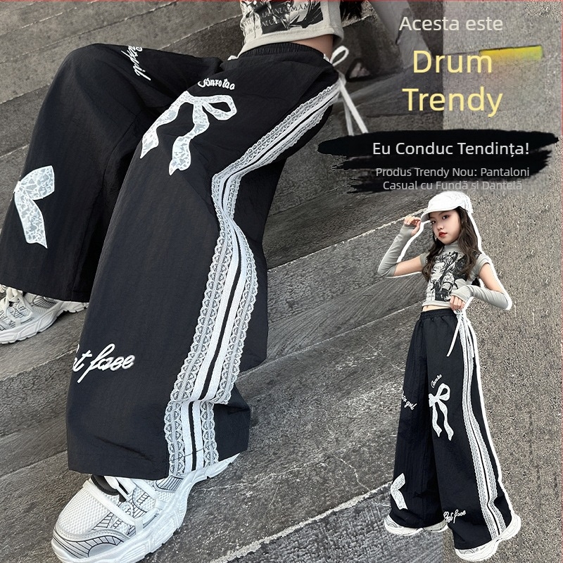 Fete primăvară și toamnă pantaloni largi cu picior 2025 nou la modă stil coreean la modă pantaloni casual largi de dans stradal pentru copii mai mari