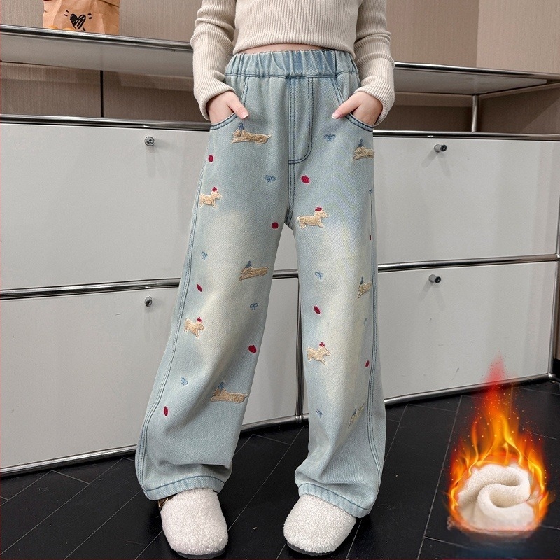 Blugi de cățeluș pentru fete, iarnă, dintr-o bucată de catifea, plus pantaloni largi pentru copii, groși, caldi, de stradă, drepți, slăbire, cu picior larg, pentru studenți