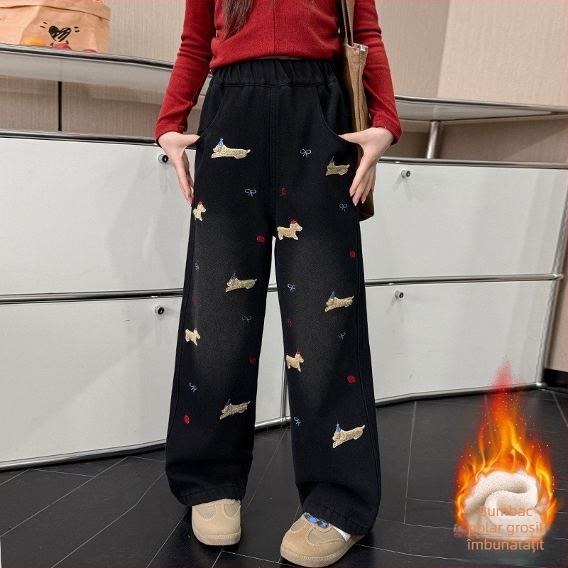 Blugi de cățeluș pentru fete, iarnă, dintr-o bucată de catifea, plus pantaloni largi pentru copii, groși, caldi, de stradă, drepți, slăbire, cu picior larg, pentru studenți