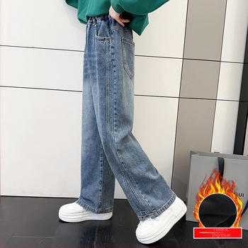 Blugi pentru fete 2024 Iarnă dintr-o singură bucată de catifea cu picior larg Blugi mari pentru copii, căptușiți cu fleece, îngroșați, drepți