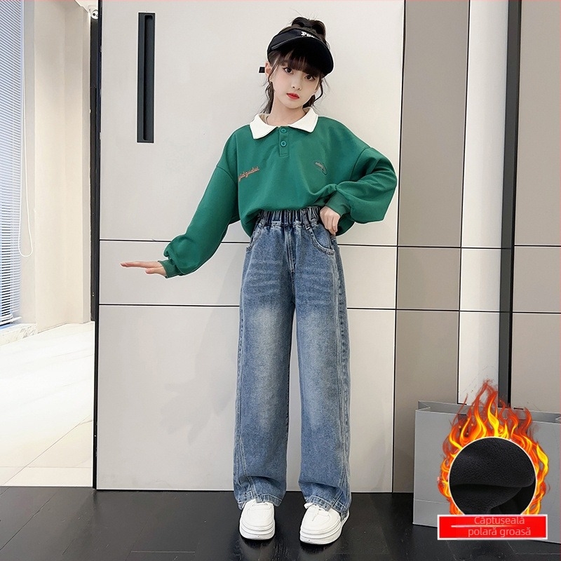 Blugi pentru fete 2024 Iarnă dintr-o singură bucată de catifea cu picior larg Blugi mari pentru copii, căptușiți cu fleece, îngroșați, drepți