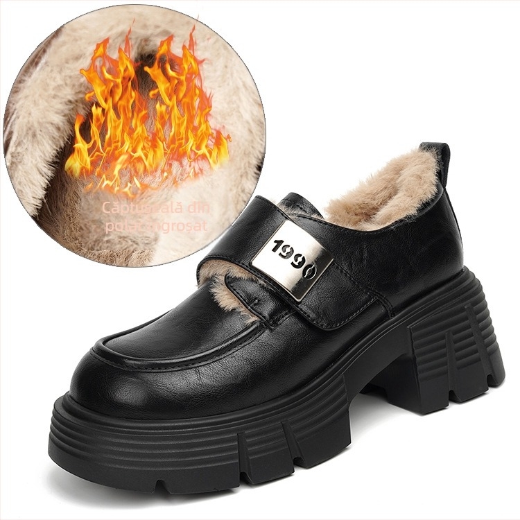 Mocasini retro versatili pentru femei cu talpă groasă și tocuri groase, pantofi din piele în stil britanic cu cataramă metalică de primăvară 2025, stil britanic, care cresc înălțimea