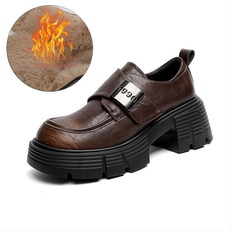 Mocasini retro versatili pentru femei cu talpă groasă și tocuri groase, pantofi din piele în stil britanic cu cataramă metalică de primăvară 2025, stil britanic, care cresc înălțimea