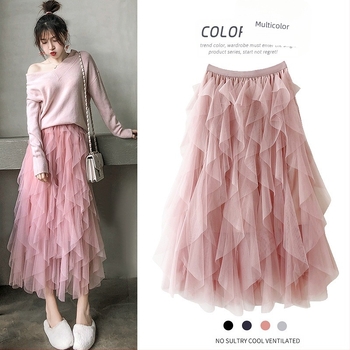 Fustă de lungime medie, neregulată, cu talie elastică, la modă, cu cusături de plasă, din fabrică, en-gros, 2023