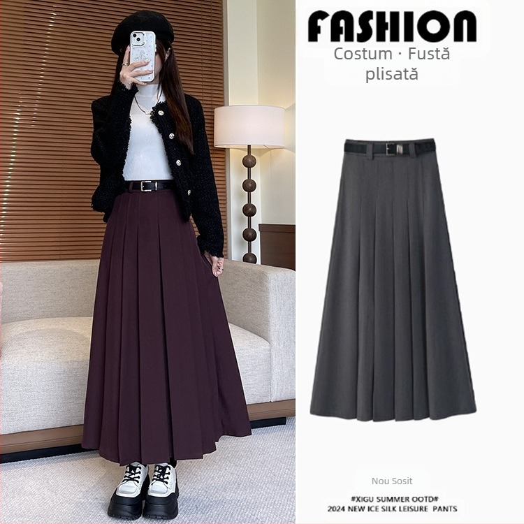 [Floare stivuitoare] 24 Iarnă Puyuan Fustă cu talie înaltă, slăbire, plisată, curea, talie mare, talie înaltă, costum elegant și la modă