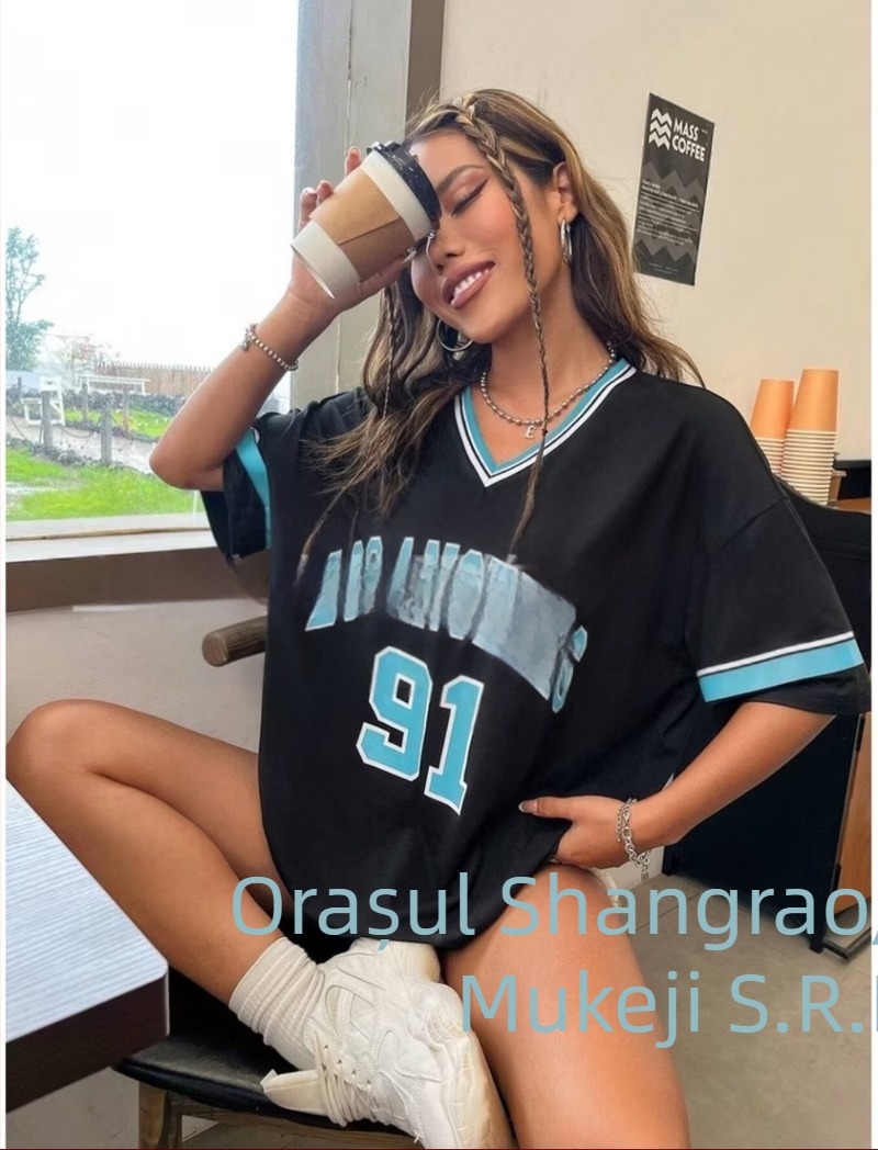 Tricou cu dungi, decolteu în V, lejer, pentru femei, stil european și american, sport, Los Angeles, imprimat, top