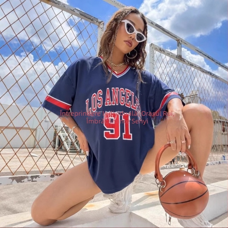 Tricou cu dungi, decolteu în V, lejer, pentru femei, stil european și american, sport, Los Angeles, imprimat, top