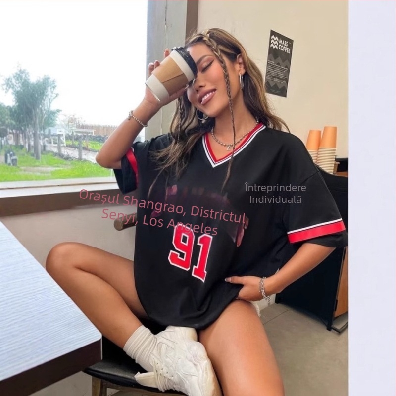 Tricou cu dungi, decolteu în V, lejer, pentru femei, stil european și american, sport, Los Angeles, imprimat, top
