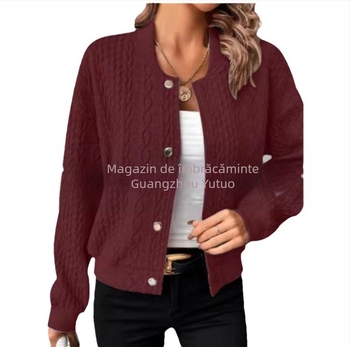Transfrontaliere 2023 Amazon European și American Autum Nou confortabil Jacquard Lejer cu guler înalt și un singur nasture Top uniformă de baseball pentru femei