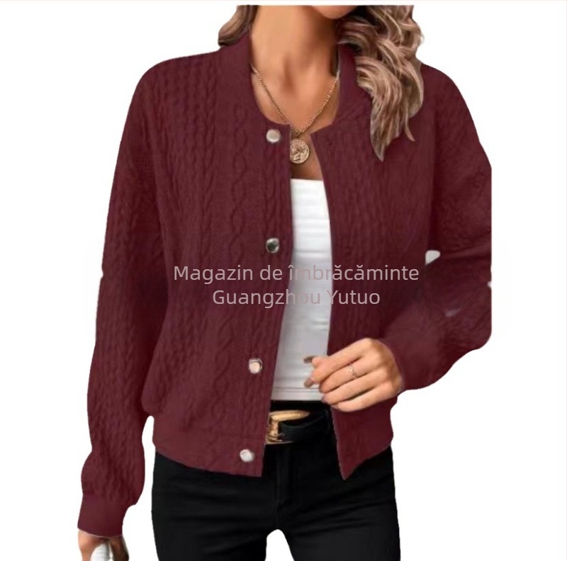 Transfrontaliere 2023 Amazon European și American Autum Nou confortabil Jacquard Lejer cu guler înalt și un singur nasture Top uniformă de baseball pentru femei