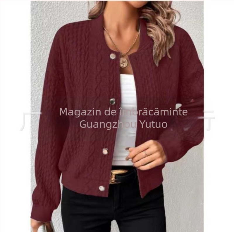 Transfrontaliere 2023 Amazon European și American Autum Nou confortabil Jacquard Lejer cu guler înalt și un singur nasture Top uniformă de baseball pentru femei