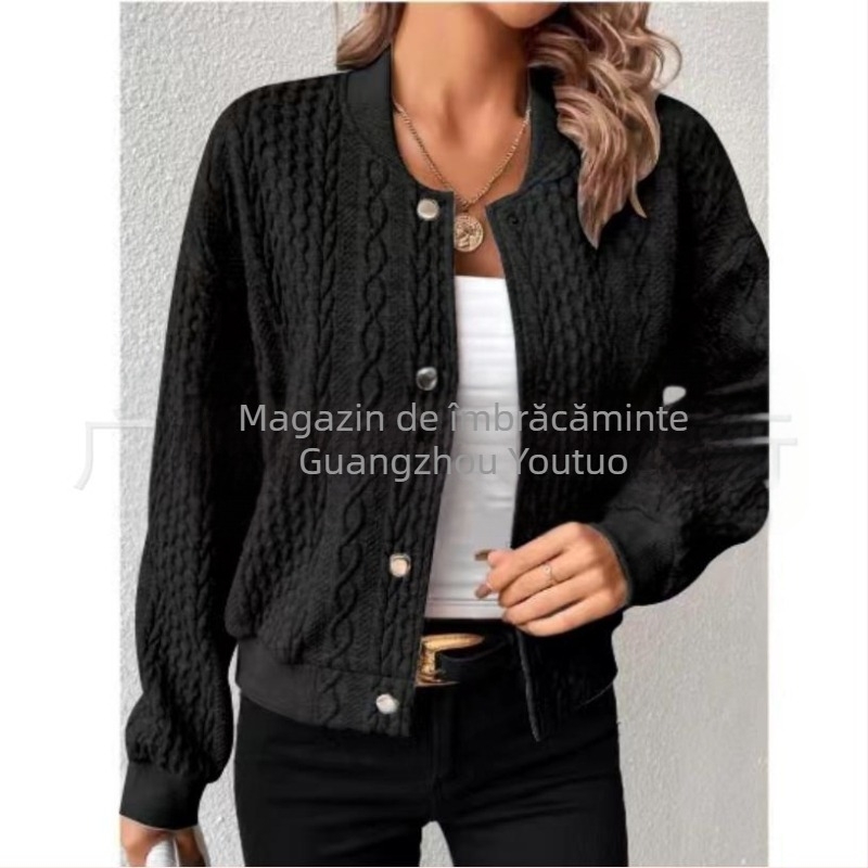 Transfrontaliere 2023 Amazon European și American Autum Nou confortabil Jacquard Lejer cu guler înalt și un singur nasture Top uniformă de baseball pentru femei