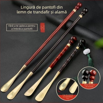 Extractor de pantofi din alamă de palisandru, mâner lung de 58 cm, pentru femei însărcinate, nu se îndoaie, portabil, din lemn masiv de santal, cupru, extractor de pantofi