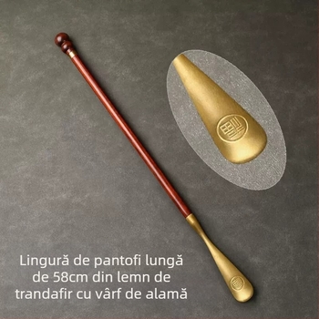 Extractor de pantofi din alamă de palisandru, mâner lung de 58 cm, pentru femei însărcinate, nu se îndoaie, portabil, din lemn masiv de santal, cupru, extractor de pantofi