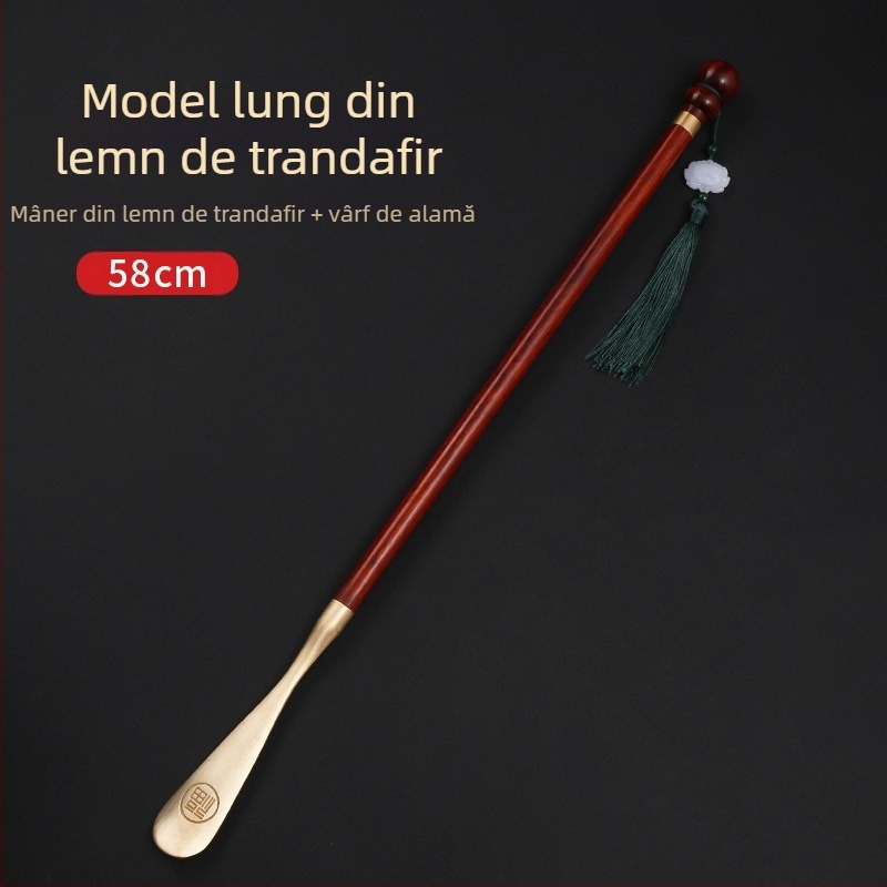 Extractor de pantofi din alamă de palisandru, mâner lung de 58 cm, pentru femei însărcinate, nu se îndoaie, portabil, din lemn masiv de santal, cupru, extractor de pantofi