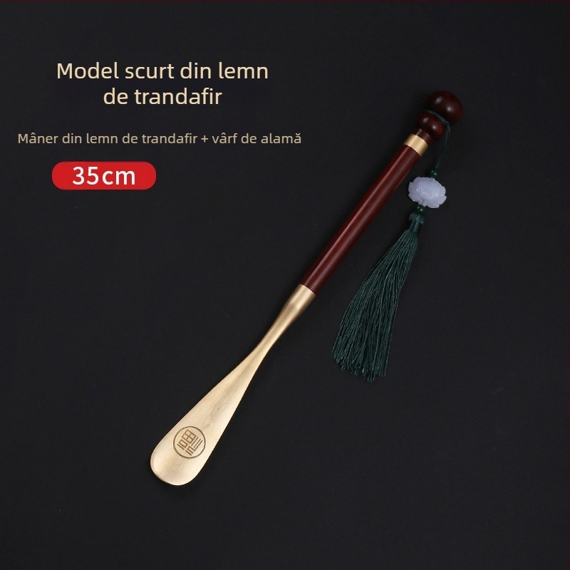 Extractor de pantofi din alamă de palisandru, mâner lung de 58 cm, pentru femei însărcinate, nu se îndoaie, portabil, din lemn masiv de santal, cupru, extractor de pantofi