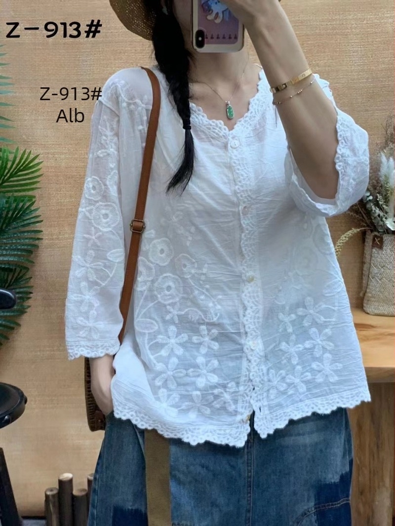 Tricou retro cu mânecă șapte puncte, culoare solidă, vară 2024, dantelă brodată tridimensională, elegant, pentru femei, top Cardigan