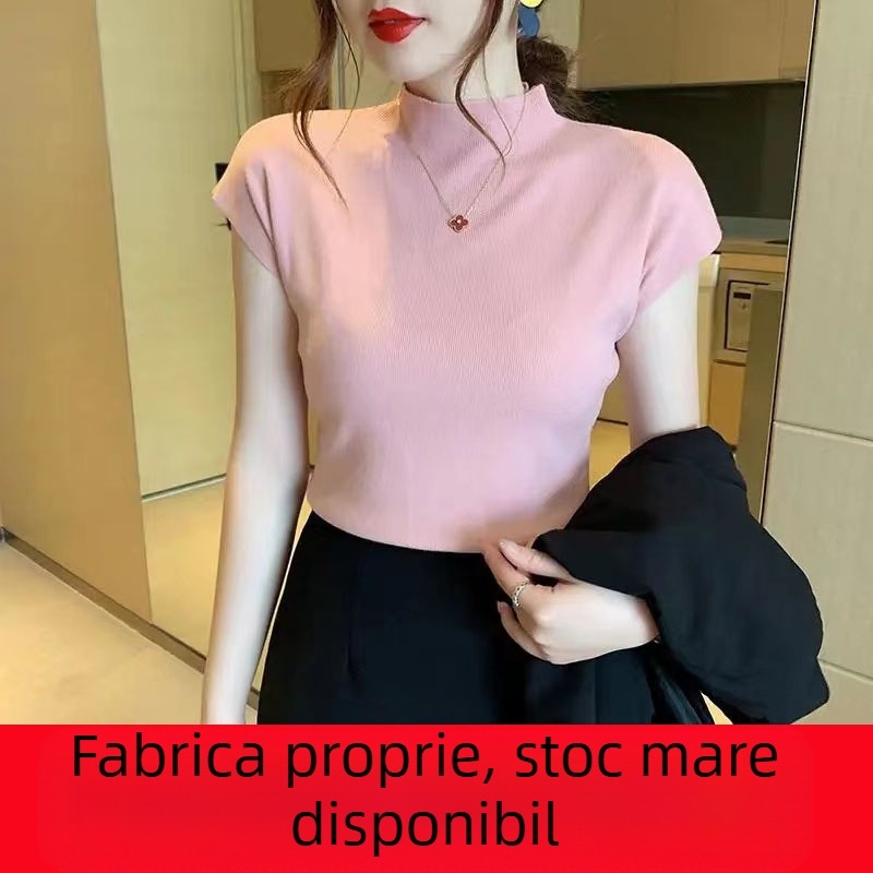 Tricou nou cu guler semi-înalt pentru femei, pulover negru cu mânecă scurtă, pulover de vară pentru femei, subțire, lejer, comerț exterior en-gros