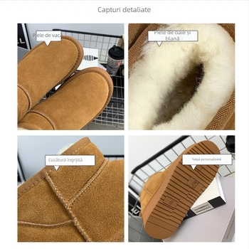 Cizme de zăpadă pentru femei din lână, pentru iarnă, căptușite cu fleece, din piele naturală, cu talpă groasă, scurte, antiderapante, pentru creșterea în înălțime, cizme și pantofi calde din bumbac