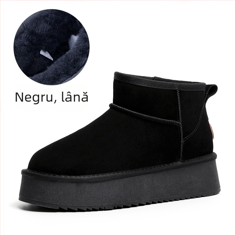 Cizme de zăpadă pentru femei din lână, pentru iarnă, căptușite cu fleece, din piele naturală, cu talpă groasă, scurte, antiderapante, pentru creșterea în înălțime, cizme și pantofi calde din bumbac