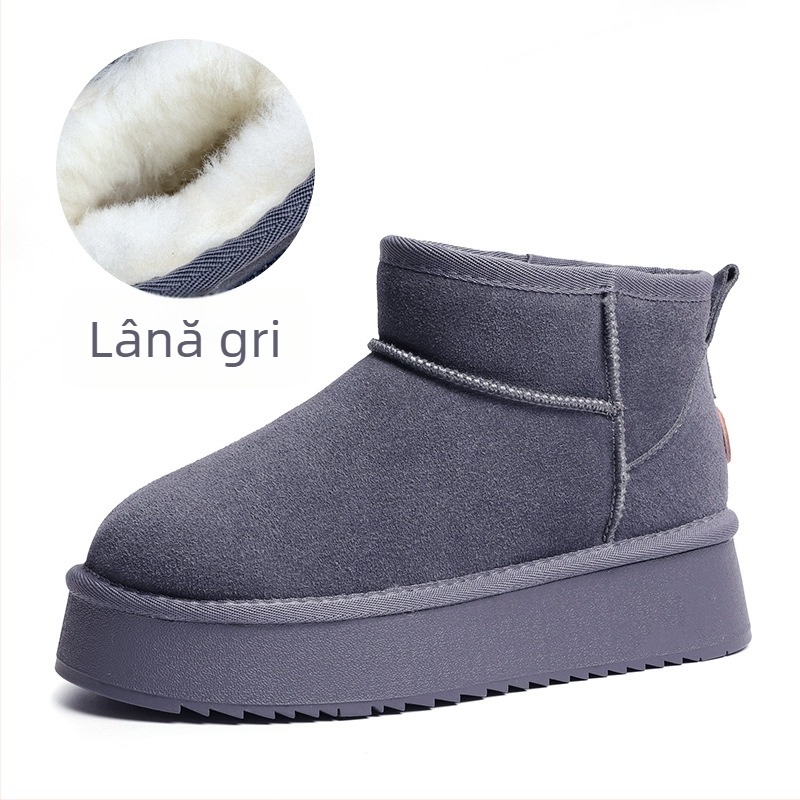 Cizme de zăpadă pentru femei din lână, pentru iarnă, căptușite cu fleece, din piele naturală, cu talpă groasă, scurte, antiderapante, pentru creșterea în înălțime, cizme și pantofi calde din bumbac