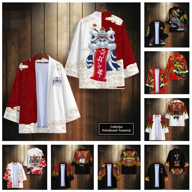 Kimono transfrontalier în stil național Xingshi, imprimare digitală 3D, halat, mânecă jumătate, cardigan țesut cu pene