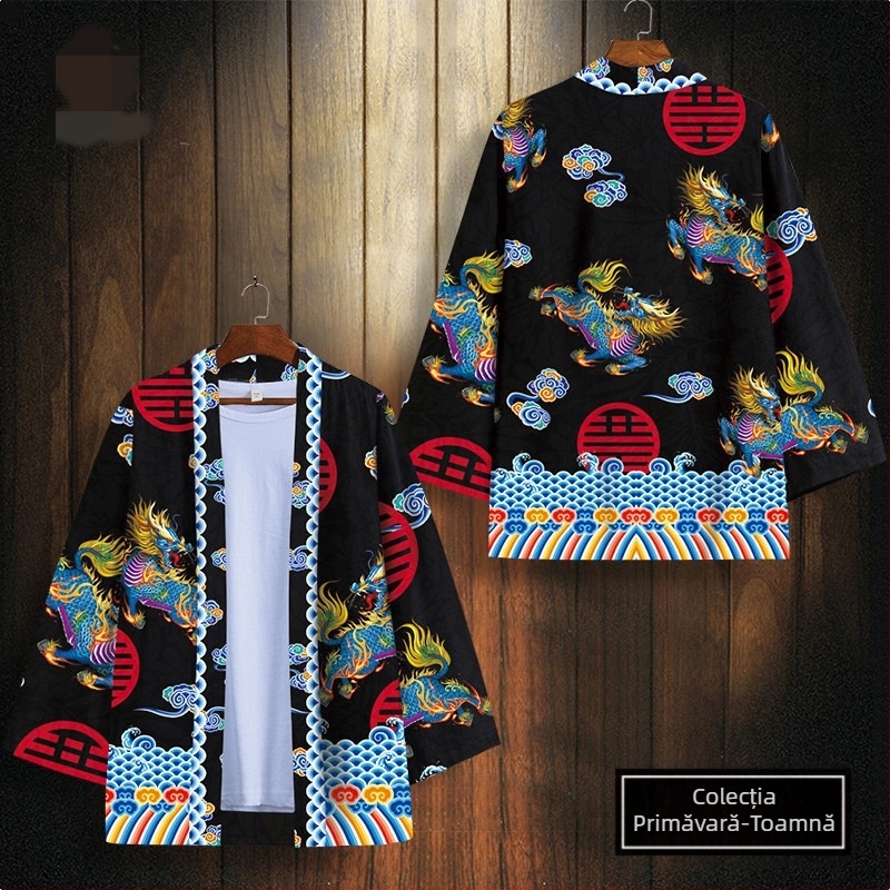 Kimono transfrontalier în stil național Xingshi, imprimare digitală 3D, halat, mânecă jumătate, cardigan țesut cu pene