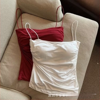 Camisola plisată Spice Girl Pure Desire pentru femei, curea subțire pentru umăr, stil dulce și fierbinte, fără mâneci, mărime mică