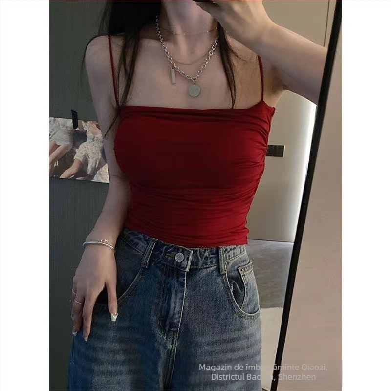 Camisola plisată Spice Girl Pure Desire pentru femei, curea subțire pentru umăr, stil dulce și fierbinte, fără mâneci, mărime mică