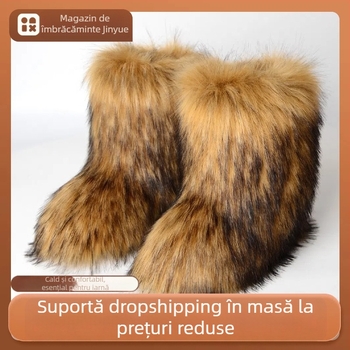 Cizme din blană de vulpe, stil de toamnă și iarnă, rezistente la căldură și frig, cizme de zăpadă din blană artificială, îngroșate, mărime mare, până la jumătatea gambei, stil la modă european și american