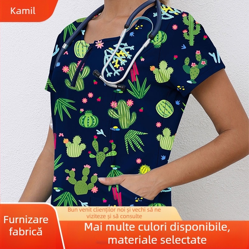 Halat chirurgical pentru asistentă medicală, cu mânecă scurtă, elastic, cu uscare rapidă, pentru spălarea manuală a hainelor, stil imprimat, cu mânecă scurtă, pentru bărbați și femei