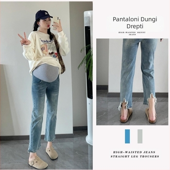 Blugi gravide mici, la modă primăvara 2024, cu spate drept, crăpat, pantaloni scurți, cu susținere a abdomenului, asortați