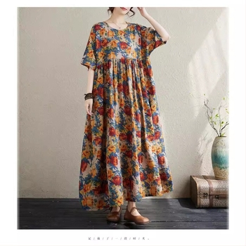 Rochie de vară retro cu mânecă scurtă și pulover literar, varietate multicoloră, pentru comerț exterior, 2024, fustă A-line pentru femei, mărime plus, lejeră