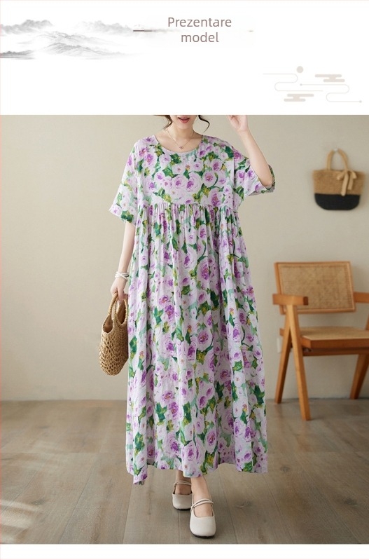 Rochie de vară retro cu mânecă scurtă și pulover literar, varietate multicoloră, pentru comerț exterior, 2024, fustă A-line pentru femei, mărime plus, lejeră