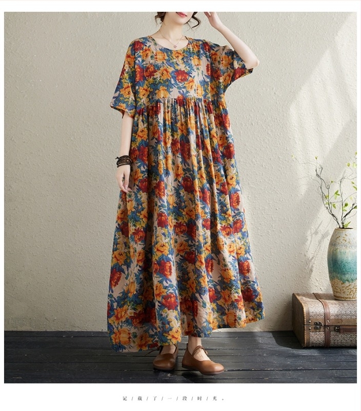 Rochie de vară retro cu mânecă scurtă și pulover literar, varietate multicoloră, pentru comerț exterior, 2024, fustă A-line pentru femei, mărime plus, lejeră