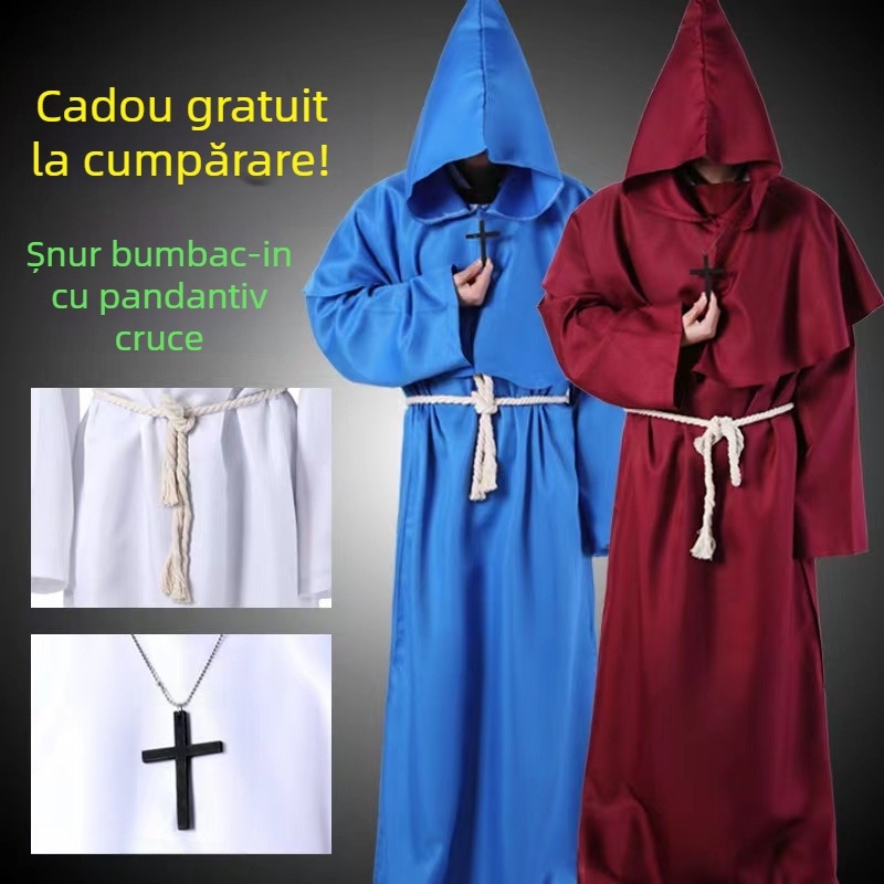 Costum de călugăr medieval pentru cosplay de Halloween, costum de călugăr vrăjitor, robă de preot cu pelerină și glugă
