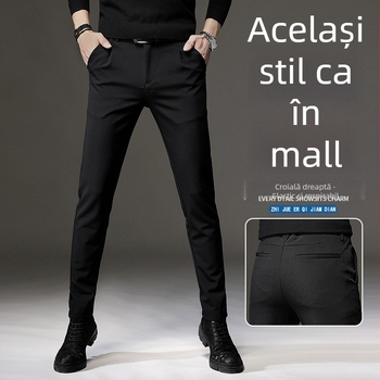 Pantaloni casual negri pentru bărbați Ice Silk, croială Slim și picioare drepte, stil primăvară-toamnă, rezistenți la cute, pantaloni de afaceri lungi