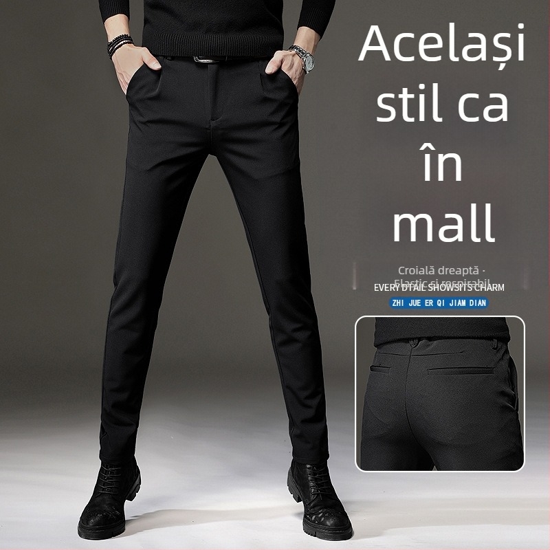 Pantaloni casual negri pentru bărbați Ice Silk, croială Slim și picioare drepte, stil primăvară-toamnă, rezistenți la cute, pantaloni de afaceri lungi