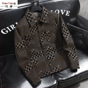 Jachetă din piele pentru bărbați, cu imprimeu în carouri, cu rever, pentru primăvară, toamnă și iarnă, exclusivă transfrontalieră, în stoc