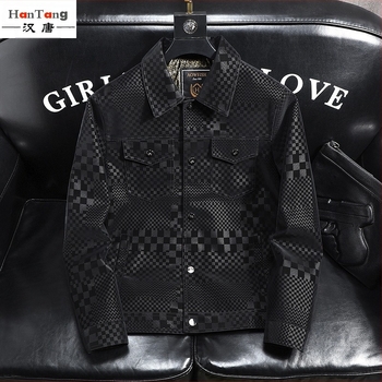 Jachetă din piele pentru bărbați, cu imprimeu în carouri, cu rever, pentru primăvară, toamnă și iarnă, exclusivă transfrontalieră, în stoc