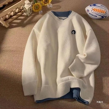Pulover vintage nou, fals, din două piese, pentru cupluri, la modă, all-match, stil mic, brodat, pentru bărbați și femei, vrac, leneș, tricotat, pulover