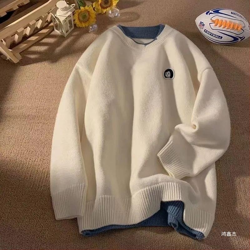 Pulover vintage nou, fals, din două piese, pentru cupluri, la modă, all-match, stil mic, brodat, pentru bărbați și femei, vrac, leneș, tricotat, pulover
