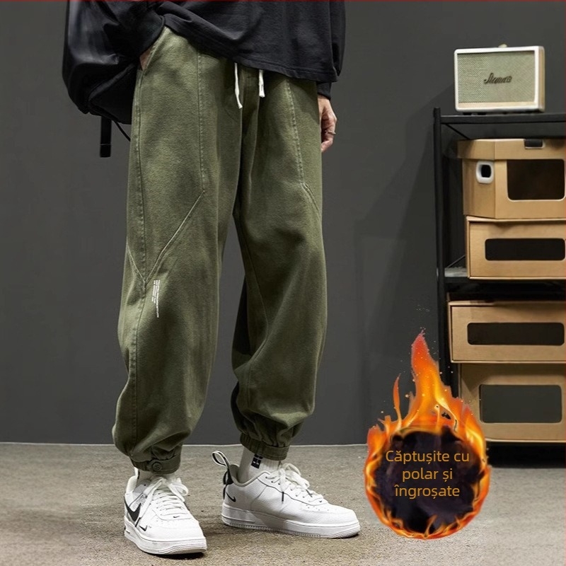 Bărbați grași, plus mărime, pantaloni din fleece liniștiți, toamna și iarna, la modă, verzi, largi, salopete pentru bărbați, pantaloni casual cu picior, potrivite pentru toate tipurile