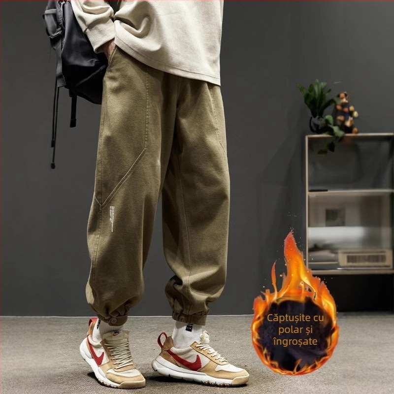 Bărbați grași, plus mărime, pantaloni din fleece liniștiți, toamna și iarna, la modă, verzi, largi, salopete pentru bărbați, pantaloni casual cu picior, potrivite pentru toate tipurile