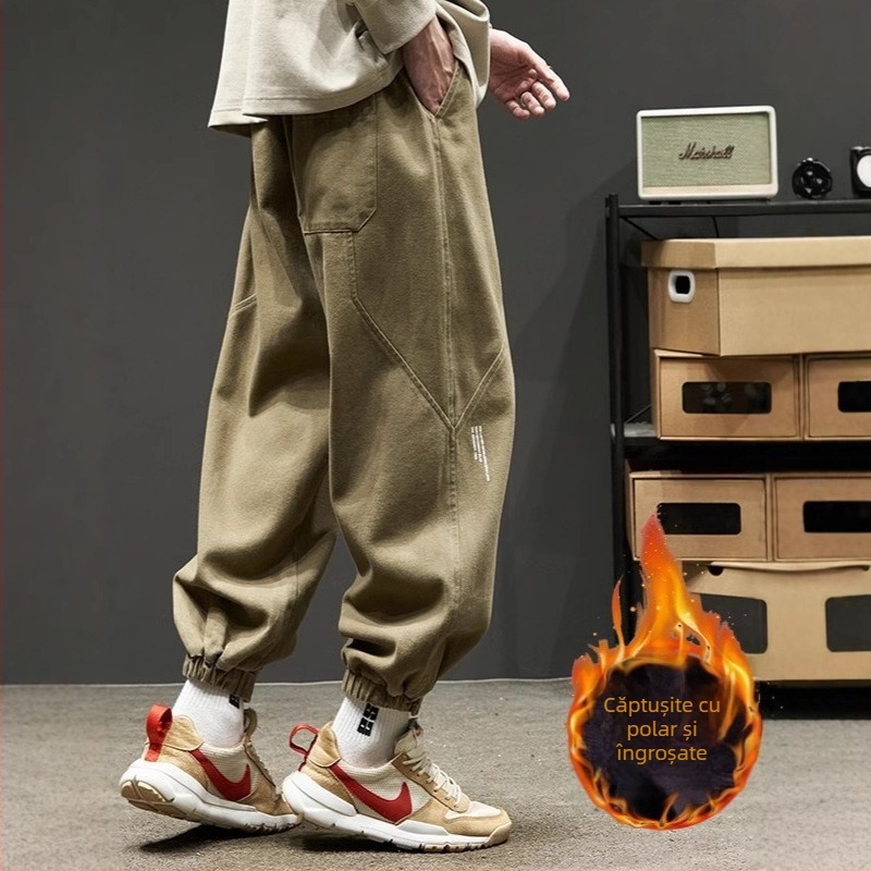 Bărbați grași, plus mărime, pantaloni din fleece liniștiți, toamna și iarna, la modă, verzi, largi, salopete pentru bărbați, pantaloni casual cu picior, potrivite pentru toate tipurile