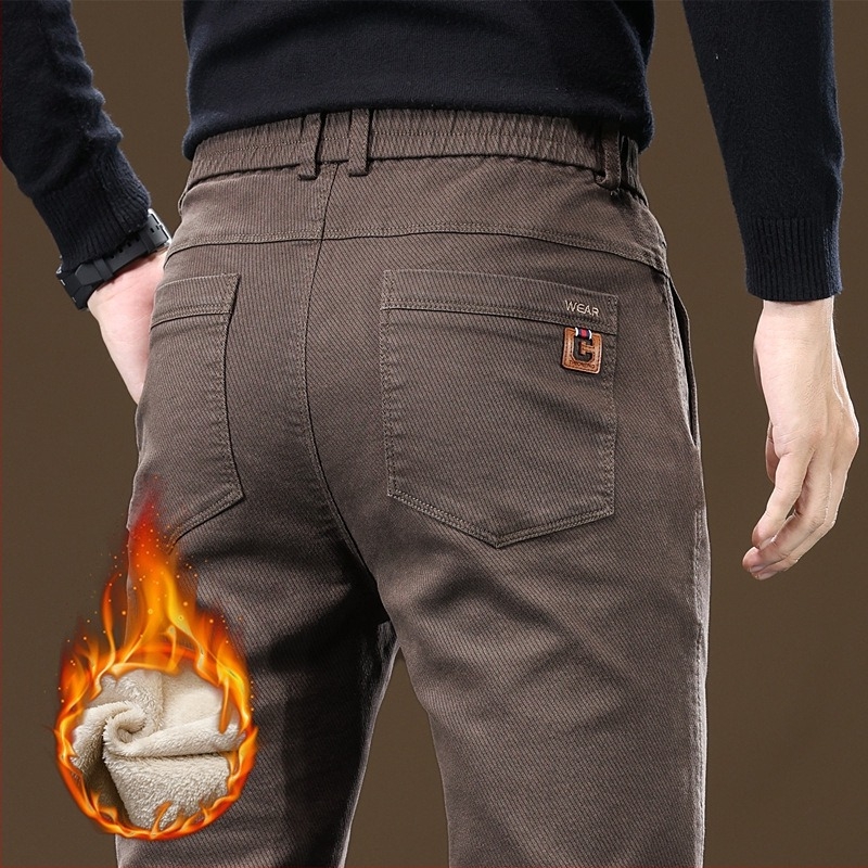 Pantaloni de iarnă pentru bărbați, stil business, căptușiți cu fleece, îngroșați, lejeri, drepți, la modă, casual, pantaloni lungi elastici pentru bărbați